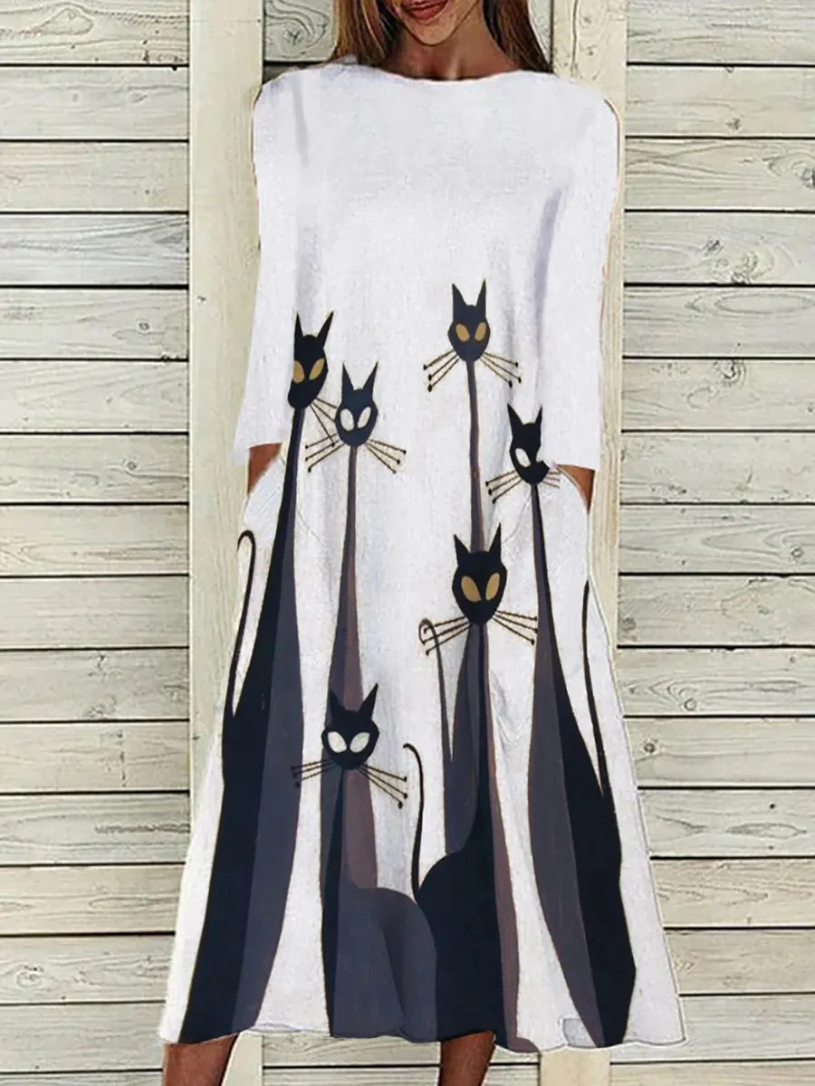 Round Neck Casual Loose Cat Print Long Sleeve Midi Dress