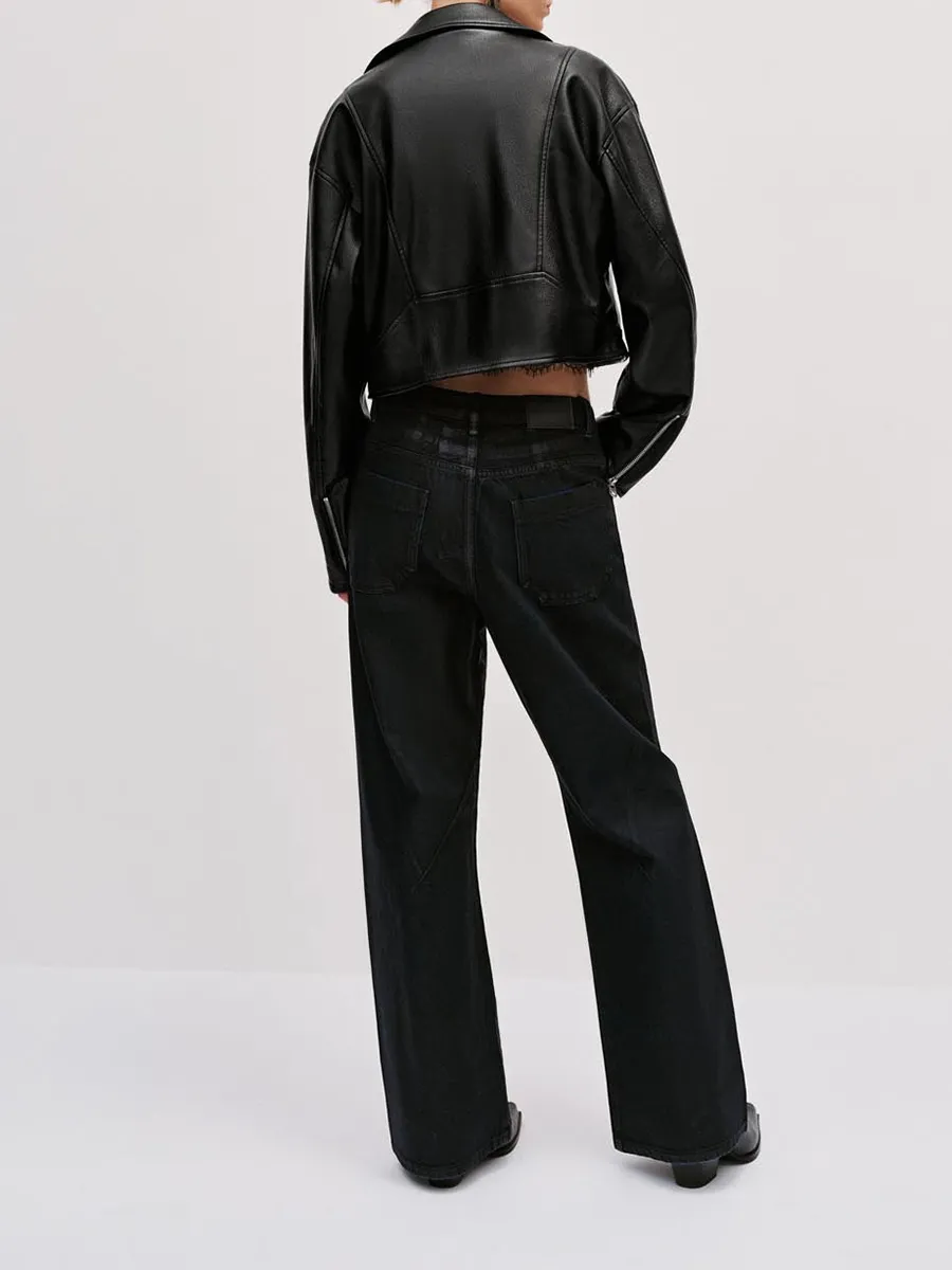 Ladies' Black Zipper Large Lapel Elegant Classic Style Jacket