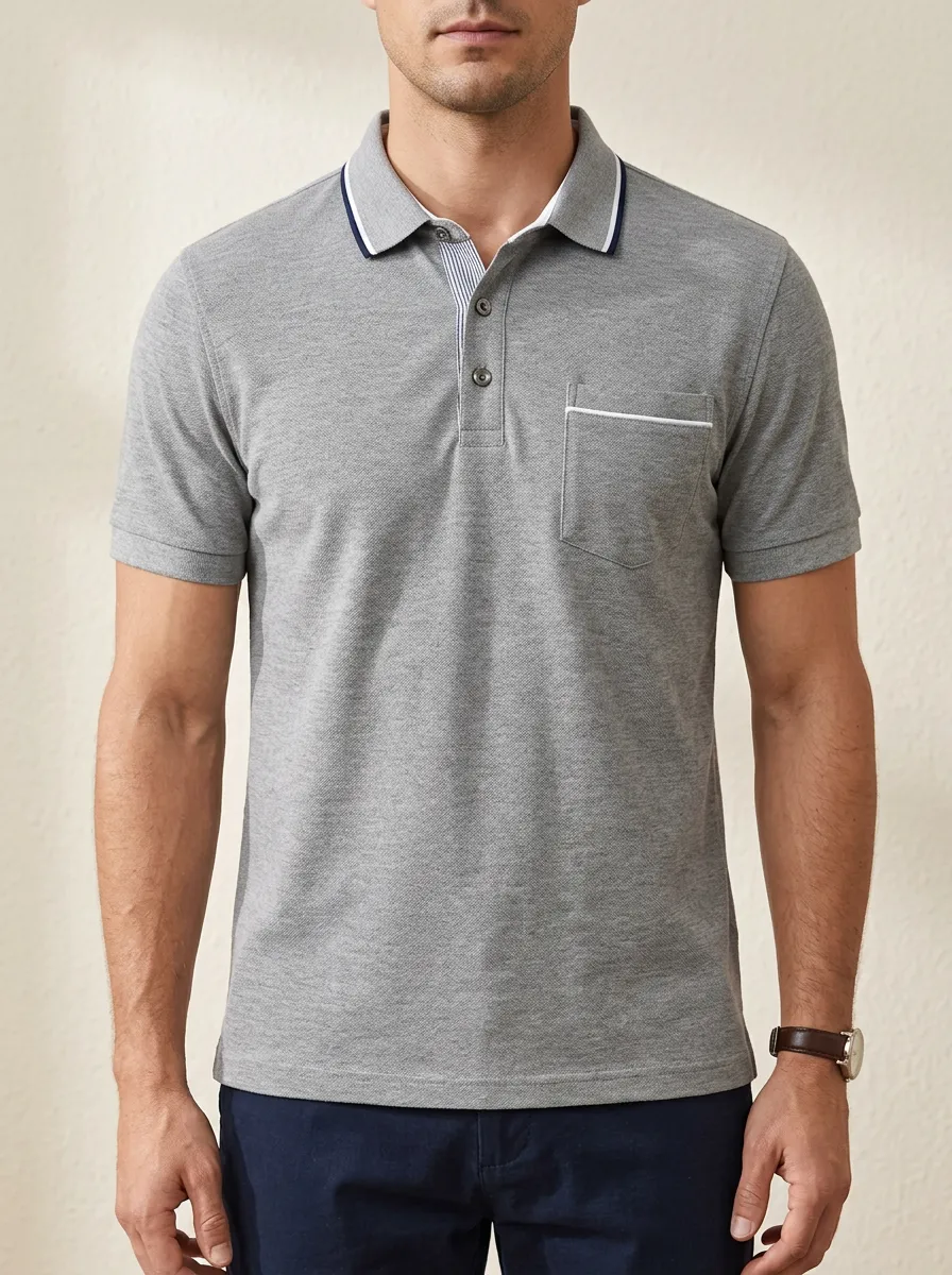 Men's Gray Contrast-Trim Pocket Polo Shirt