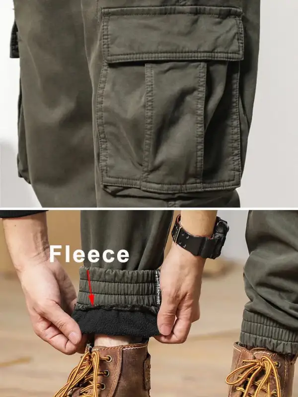 Winter Cargo Pants for Men with Fleece Lining Slim Fit Elastic Waistband