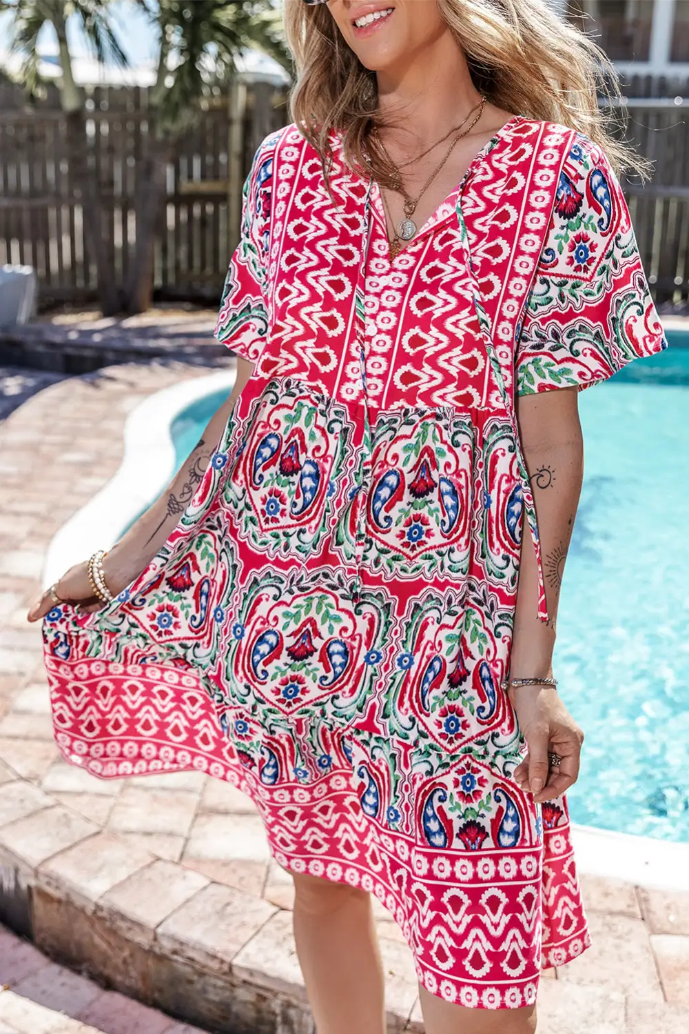 Everyday Ruffle Trim Tie Detail Mini Dress