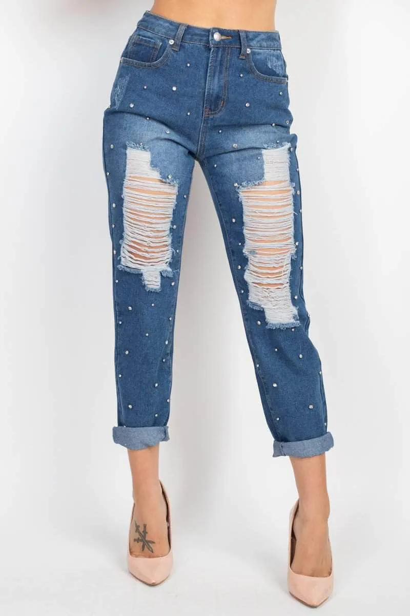 Ripped Rhinestone Denim Jeans