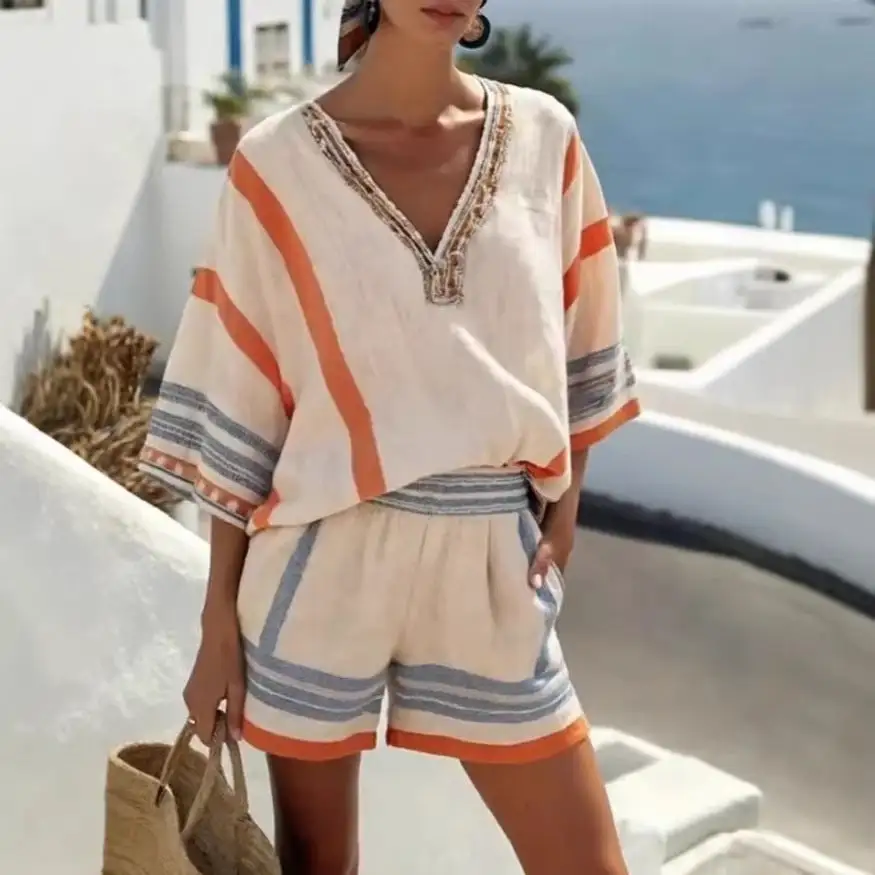 V-Neck Striped Checked Women's Matching Set