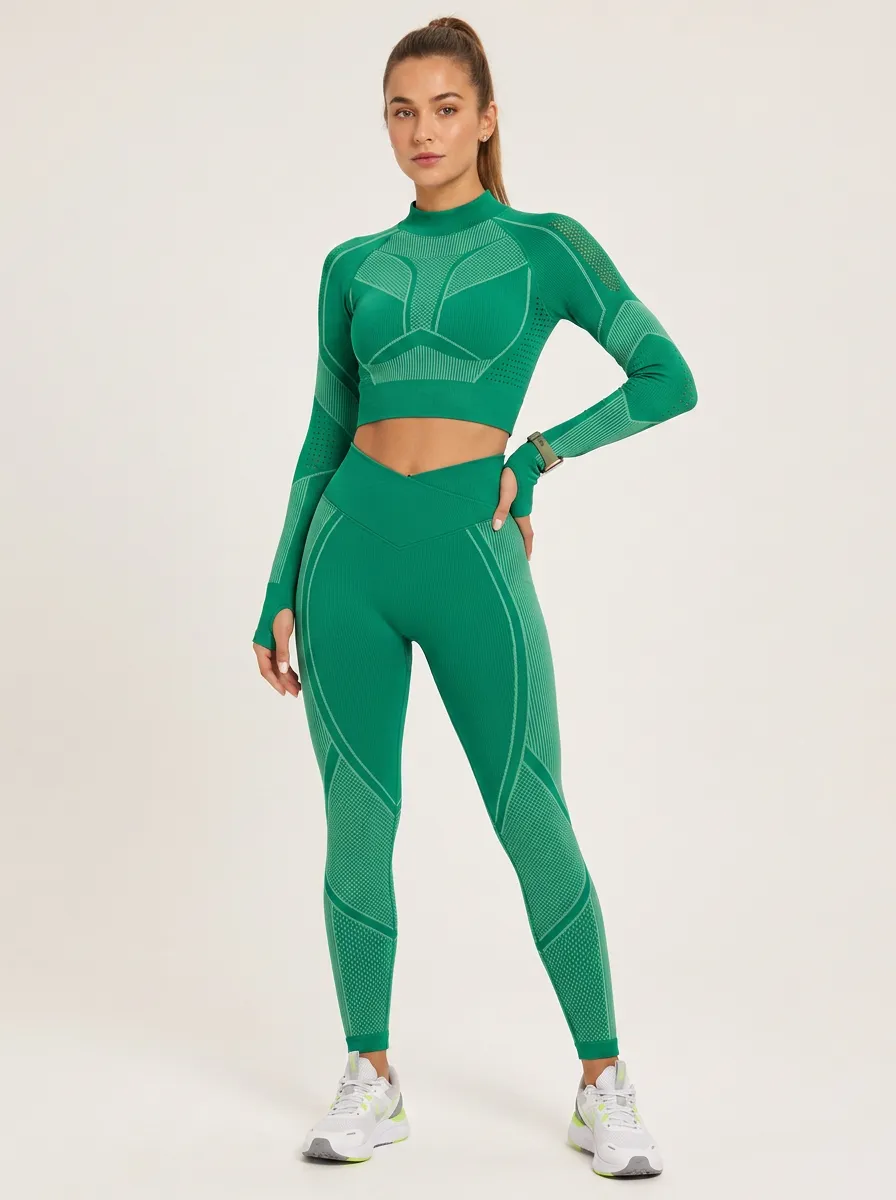 Women's Fitness Gym Lover Green Seamless Knitted Printed Set