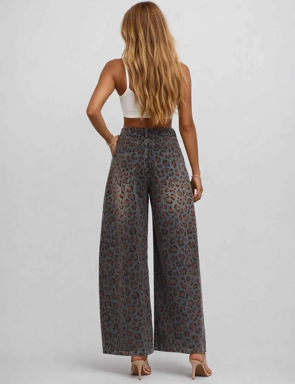 Leopard Jacquard Button Waist Barrel Leg Denim Pants