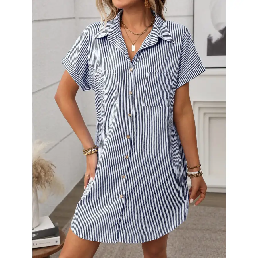 Striped Button Down Short Sleeve Mini Dress