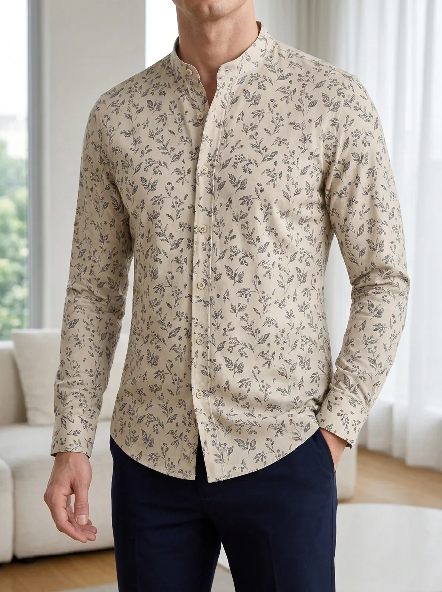 Men's Casual Botanical Leaf Printed Slim Fit Mandarin Collar Shirt