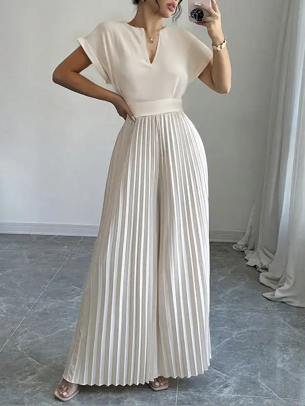 Losse Jumpsuits Met Korte Mouwen Geplooide Effen Kleur