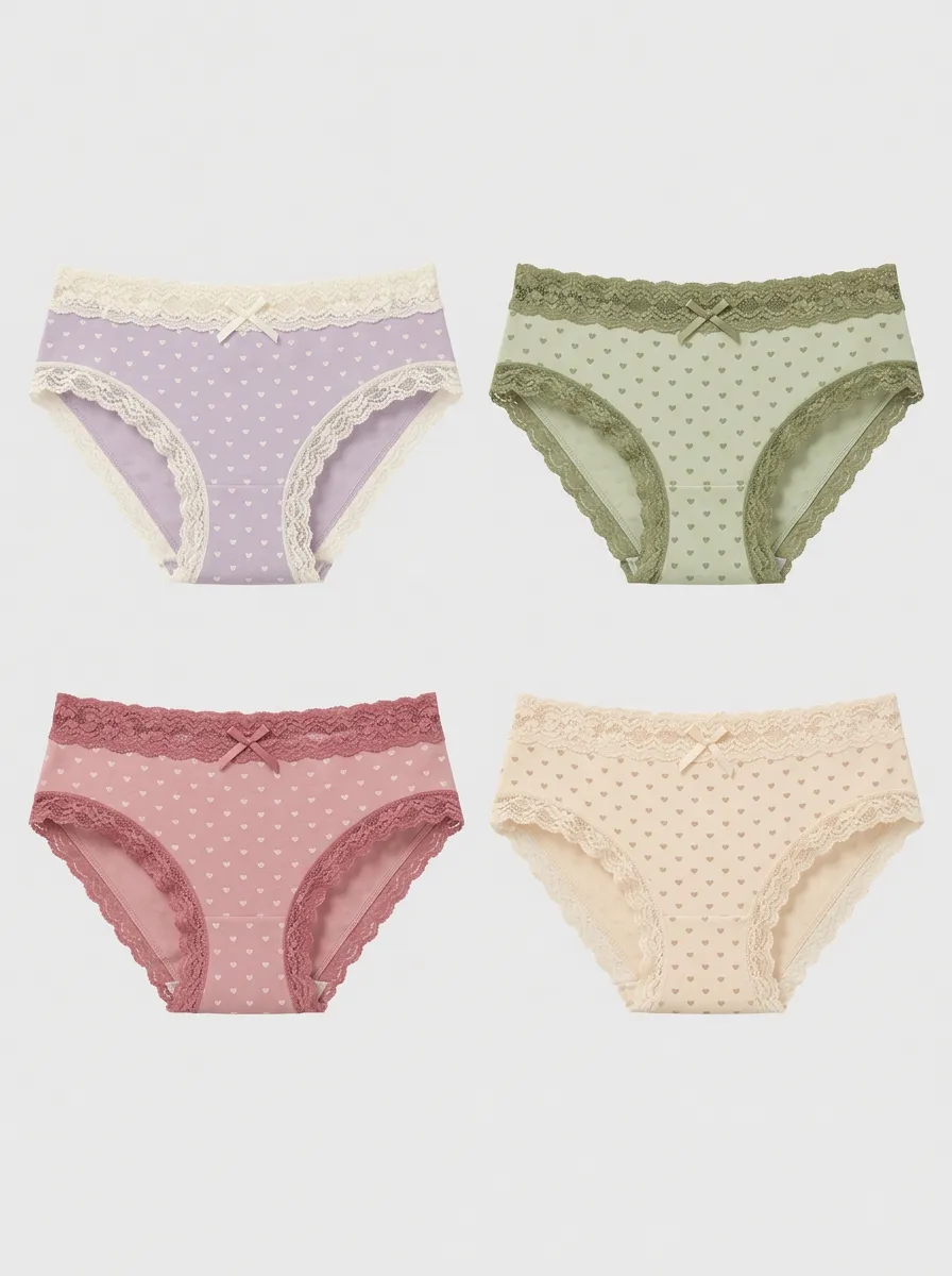 Women's Assorted Heart-Patterned Lace Trim Briefs 4-Pack