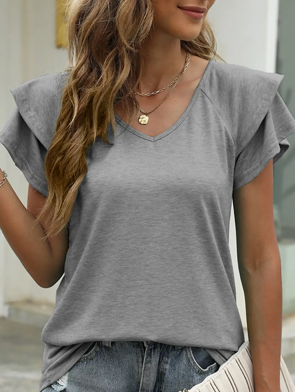 Solid Color V-Neck Ruffle Sleeve T-Shirt