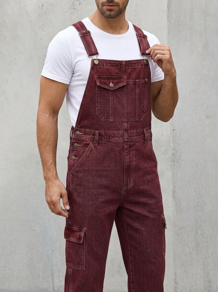 Men's Casual Denim Cargo Multi-Pocket Bib Overalls