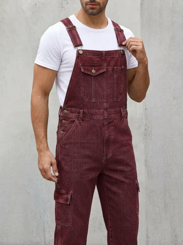 Men's Casual Denim Cargo Multi-Pocket Bib Overalls