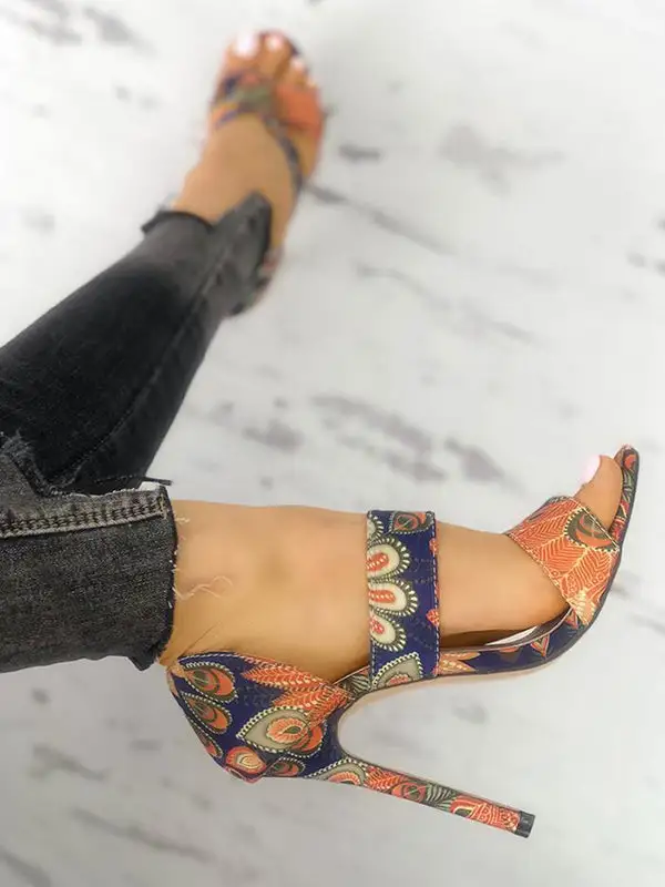 Open-Toe Print Heeled Sandals
