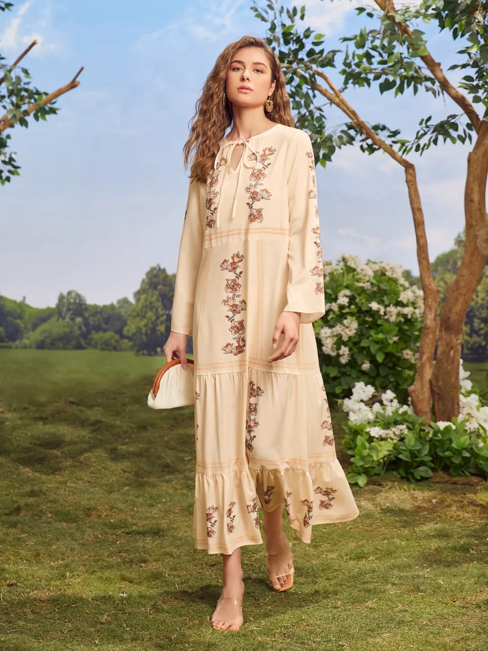 Tie Neck Floral Print Smock Dress