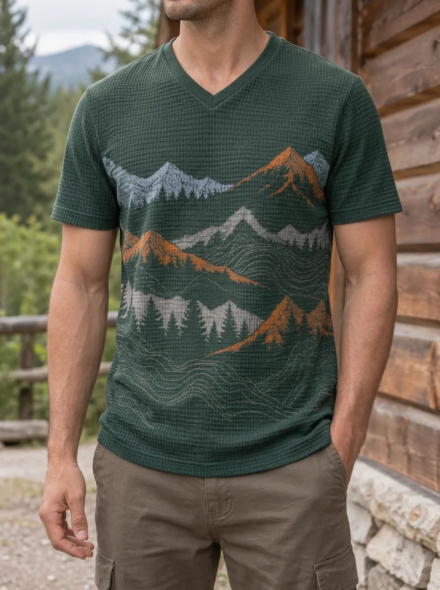 Men's Horizon Outdoor Nature Lover Mountain Forest V-Neck T-Shirt
