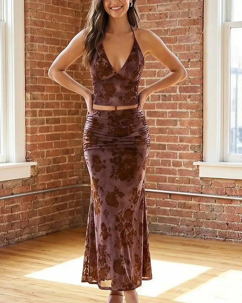 Floral Halter Tie Crop Top and Ruched Midi Skirt Two-Piece Set