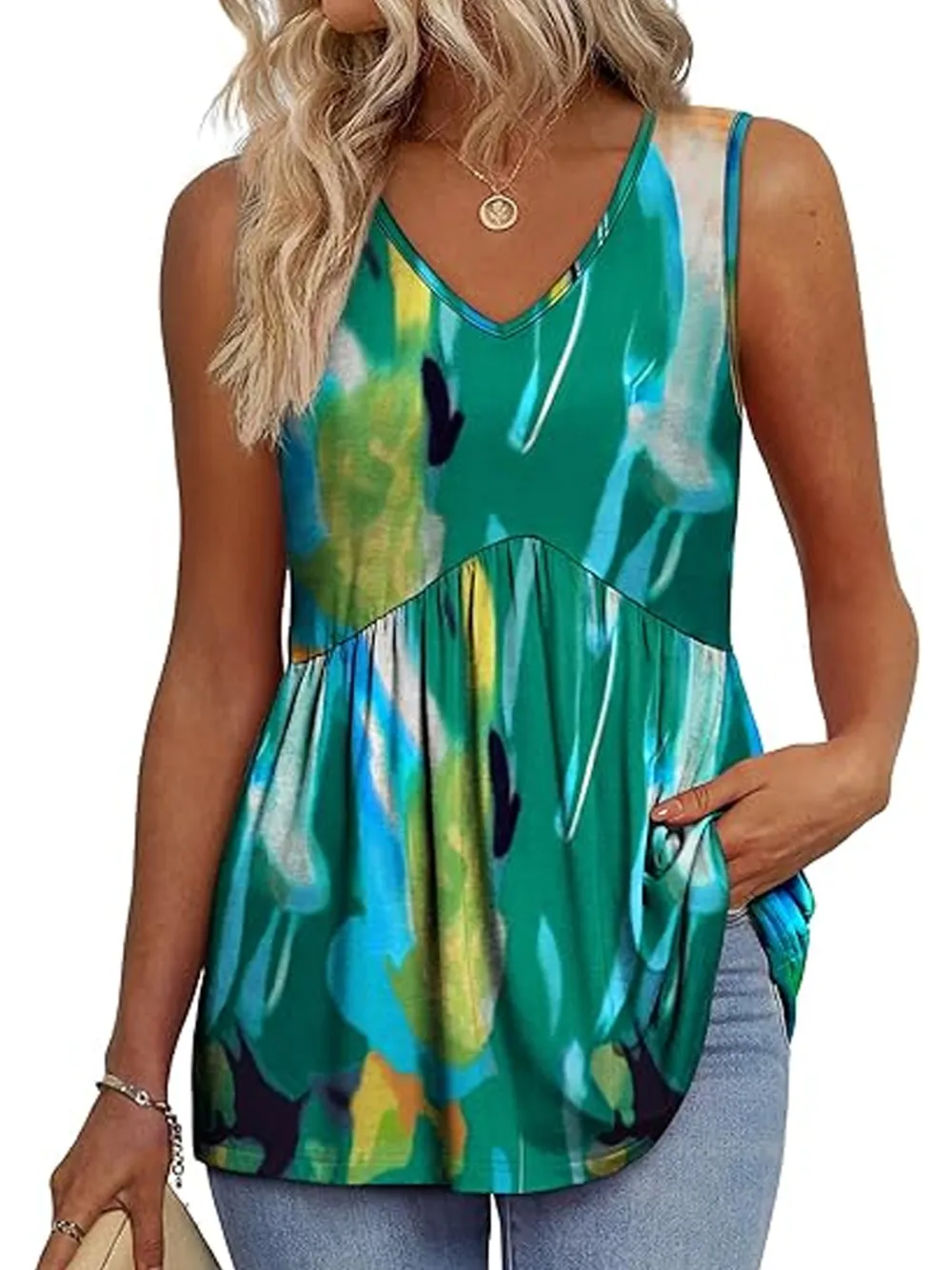 Womens Tank Tops 2025 Flowy Peplum Tops For Women Dressy Sleeveless V Neck Babydoll Tank Tops