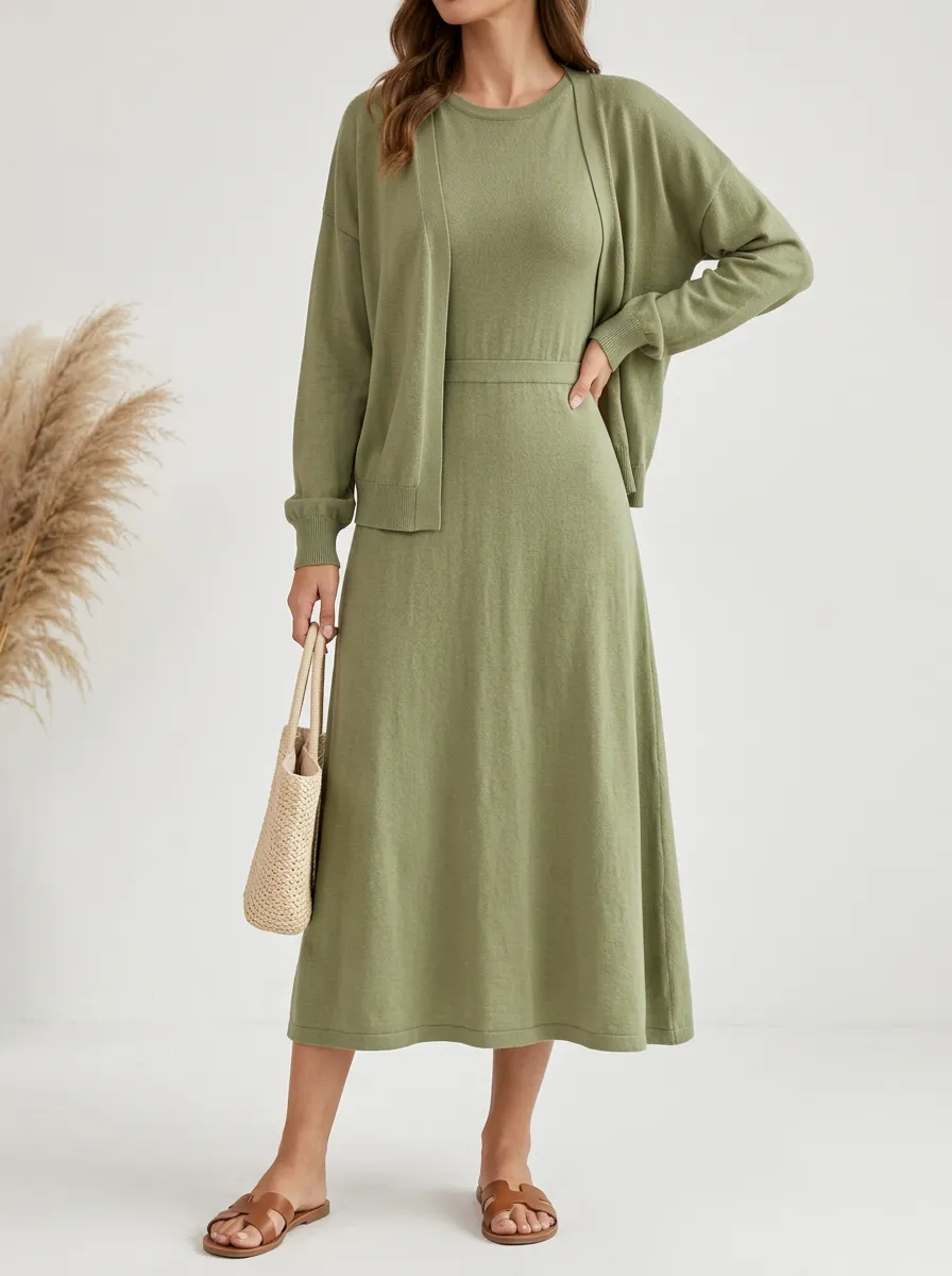 Women's Relaxed Knit Cardigan Dress Ensemble