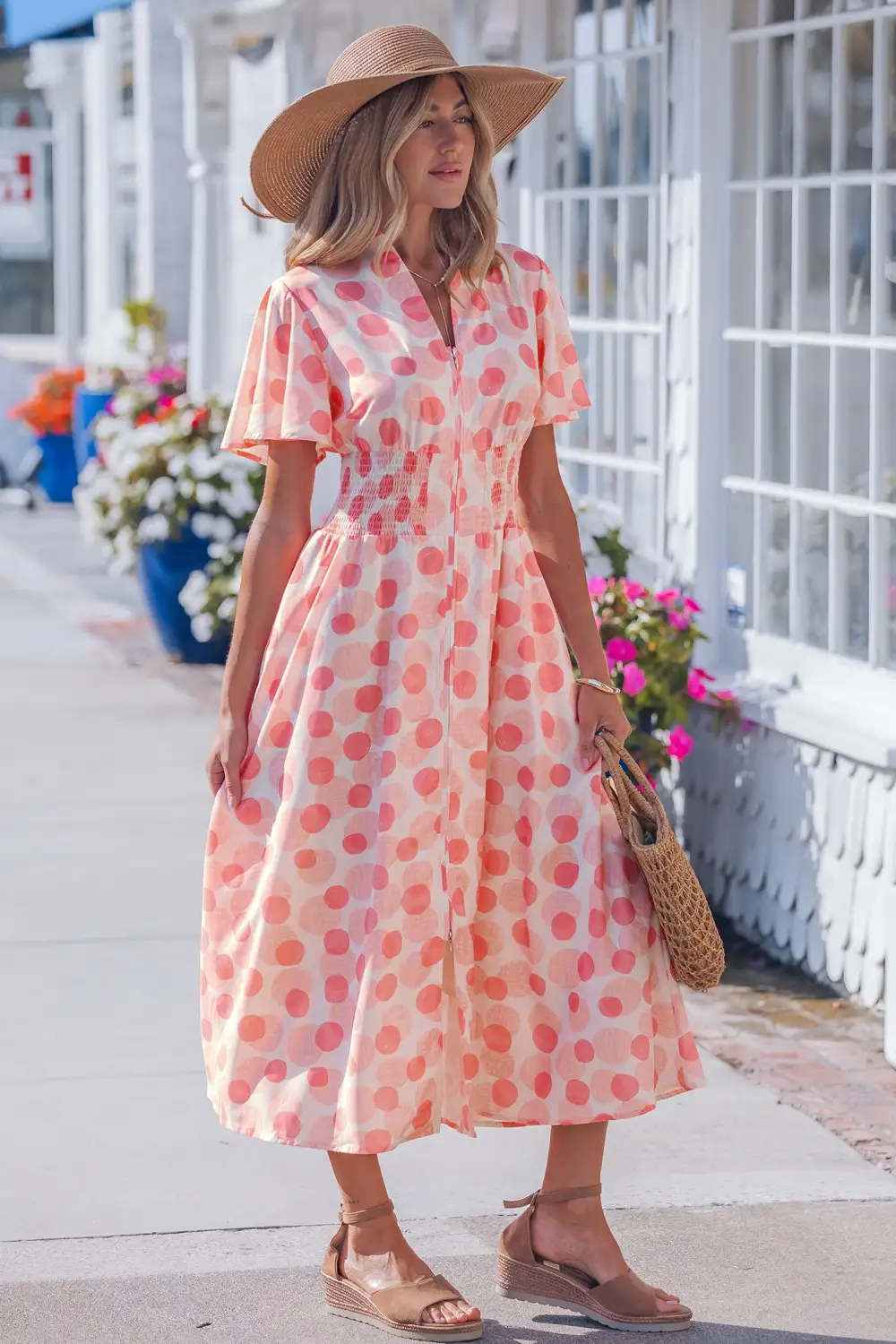 Polka Dot Printed Zip Front Dress Casual