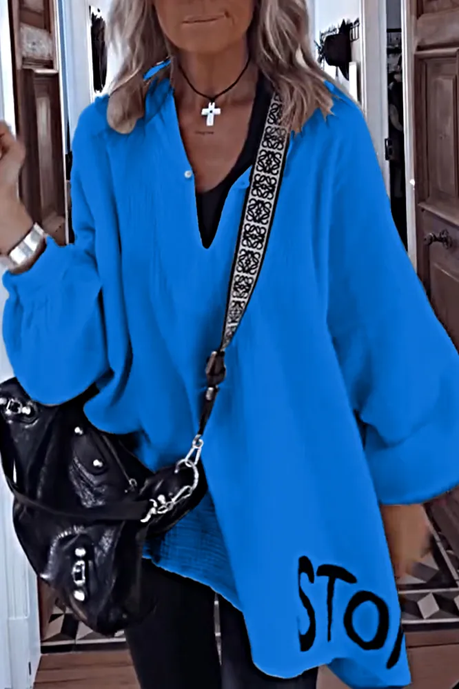 9PACK-Women'S Letter Cotton And Linen Casual Long-Sleeved Top