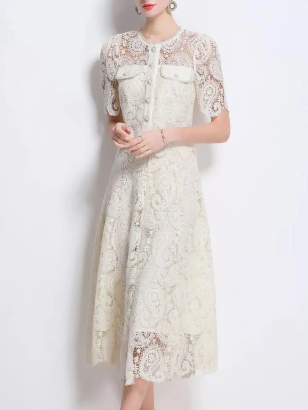 Draped Button Front Lace Detail Coordinated Set