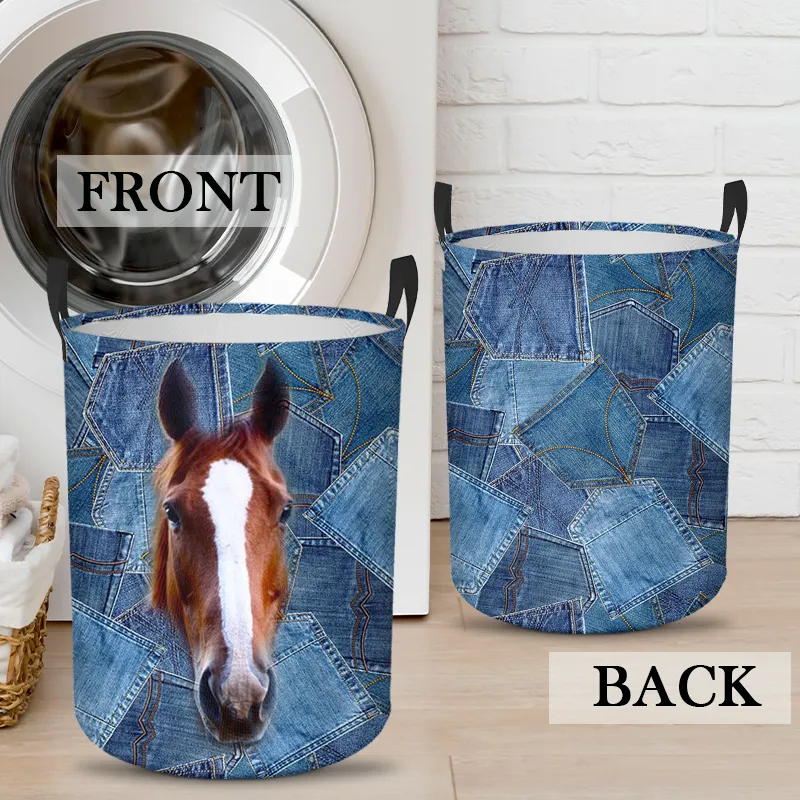 Laundry Jeans Spliced 3D Horse Print Functional Laundry Basket