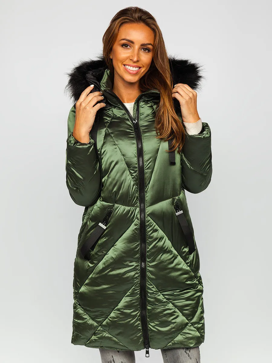 women's green quilted winter jacket with hood