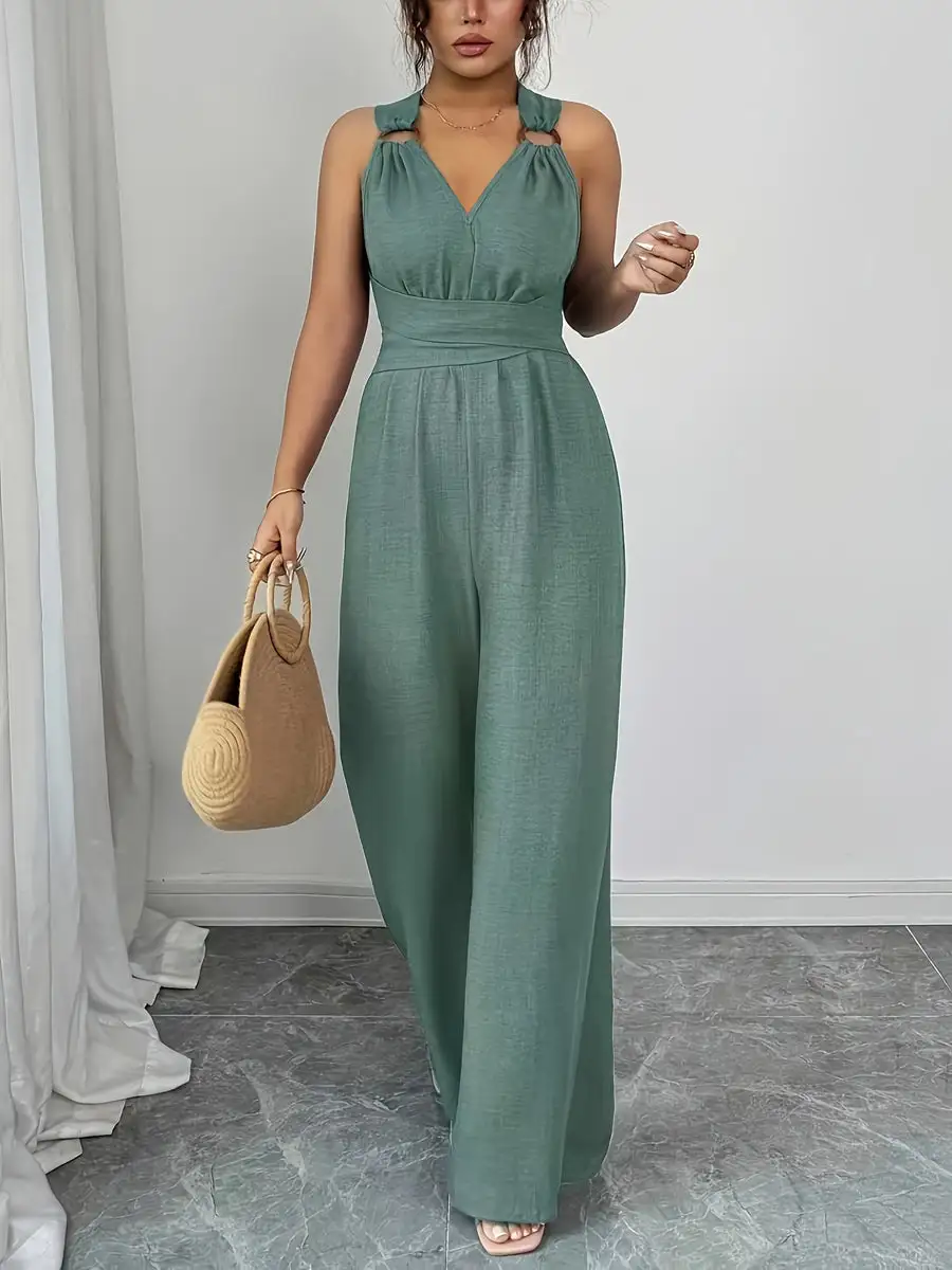 Hoog Getailleerde Mouwloze Rugloze Effen Kleur Gebonden Jumpsuits