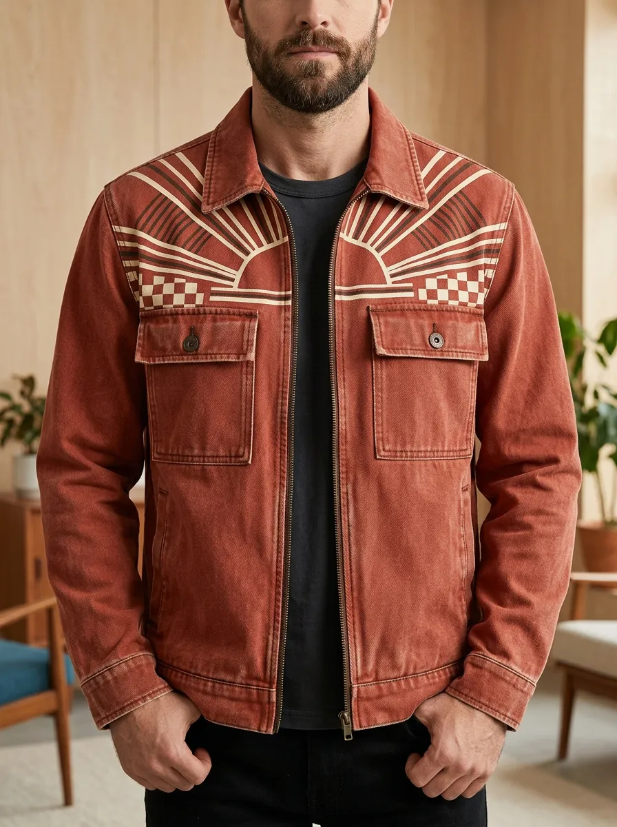 Men's Vintage Sunset Checkerboard Graphic Printed Jacket