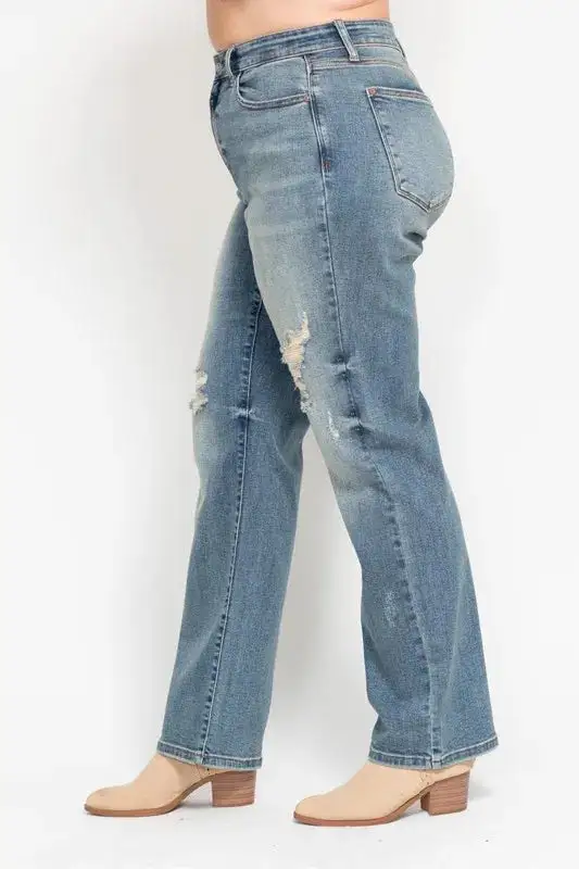 High-Waist Relaxed Distressed Washed Straight Leg Jeans