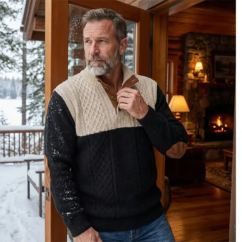 70%  OFF !! Men's Colorblock Button-Neck Sweater