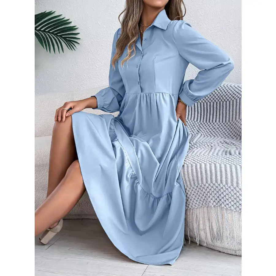 Long Sleeve Tiered Button Front Midi Dress