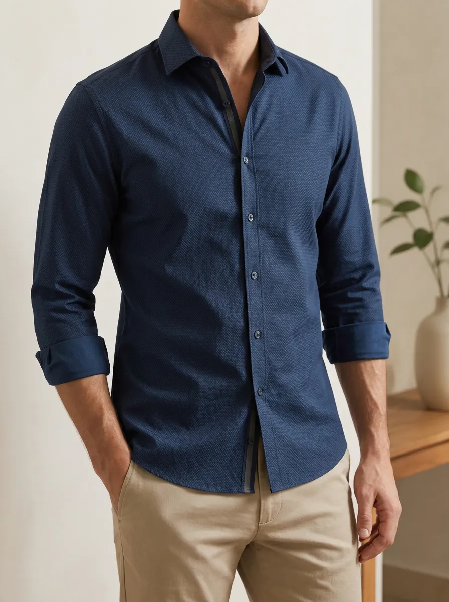 Men's Business Casual Navy Blue Micro-Dot Printed Slim Fit Shirt