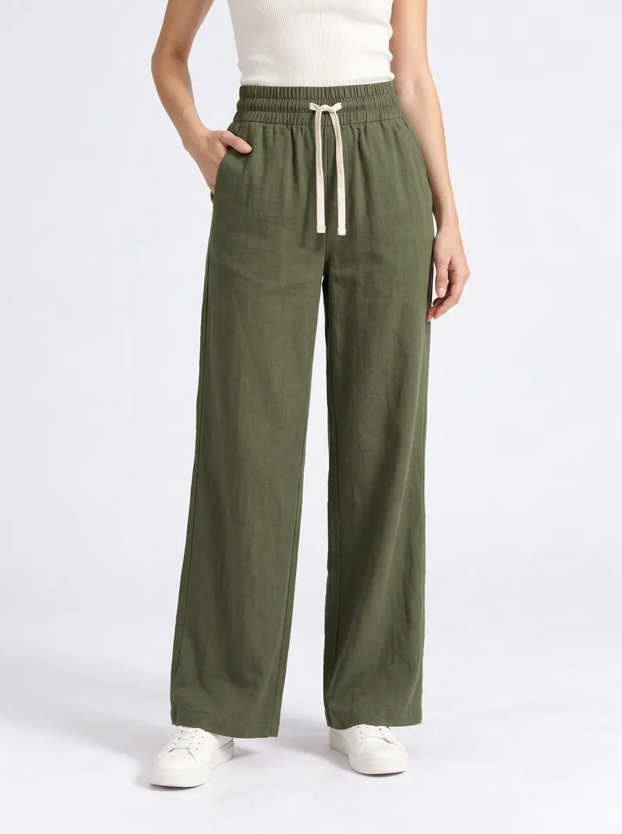 Women's Olive Green Wide Leg Elastic Waist Pants with Drawstring