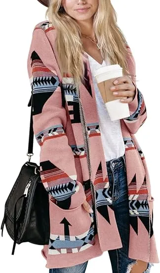 🧶 Women Boho Cardigan Aztec Open Front Long Sleeve Shawl Collar Sweater Coat✨ Effortlessly Boho. Warmth Meets Free Spirit.