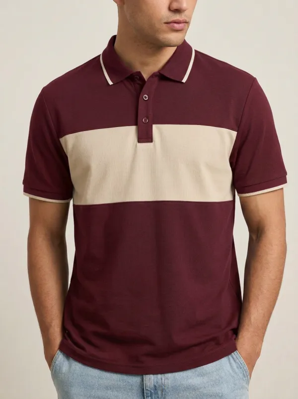 Men's Modern Knit Ribbed Textured Striped Colorblock Polo Shirt
