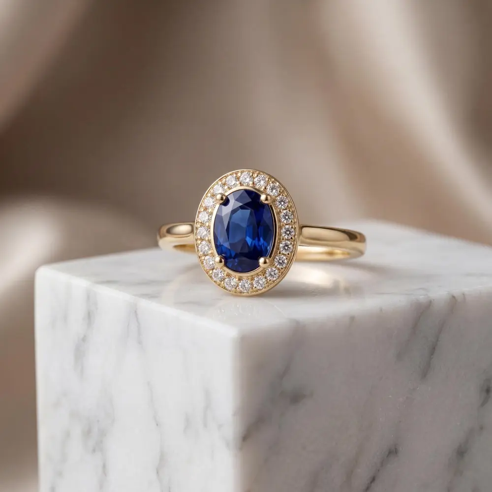 Simulated Sapphire Oval Halo Ring