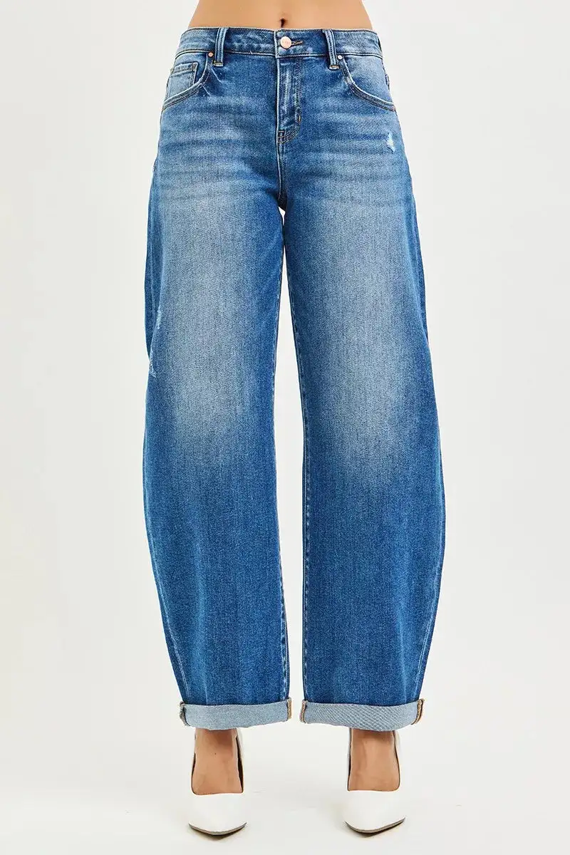 Clean Mid Rise Barrel Leg Denim Jeans