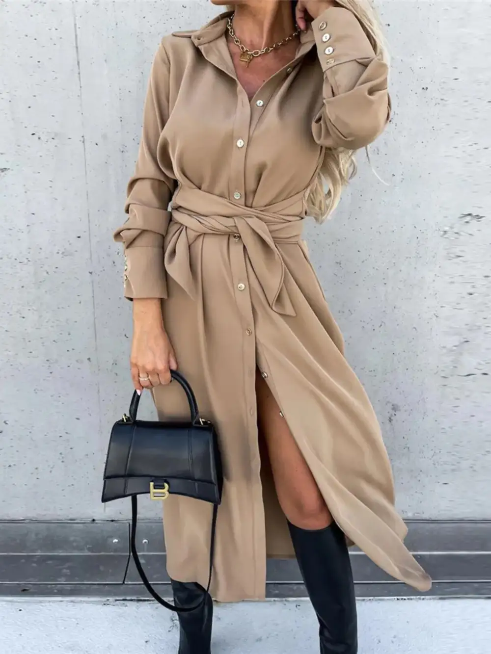 Textured Detail Button Front Long Sleeve Shirt Dress
