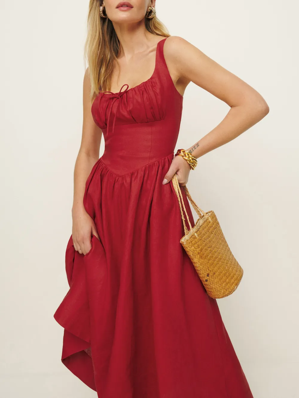 Square Neck Linen A Line Midi Dress