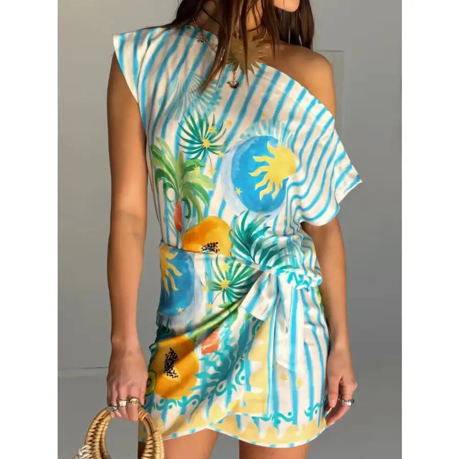 Printed Striped Single Shoulder Top and Skirt Set