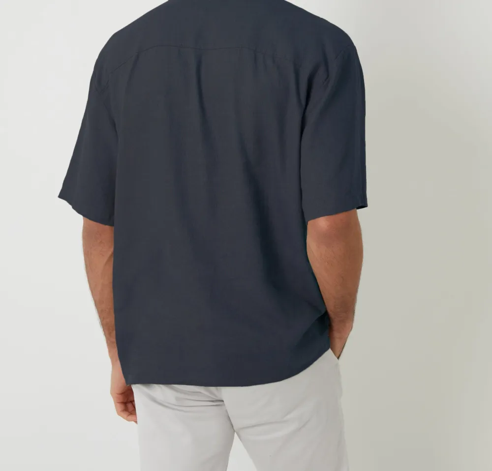 Men's Navy Relaxed-Fit Linen Blend Revere Collar Short Sleeve Shirt