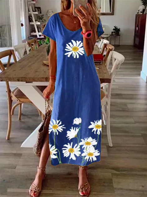 Women Vintage Floral Short Sleeve Printe Maxi Dresses