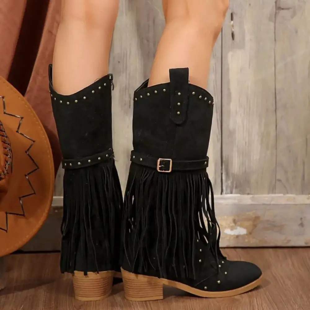 Refined Fringe Point Toe Block Heels Boots