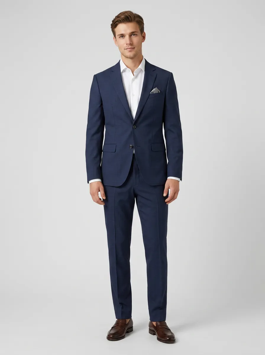 Men's Two Button Structured Fit Business Formal Navy Blue Solid Color Tailored Suit