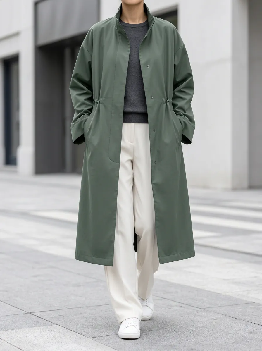 Olive Green Drawstring-Waist Relaxed-Fit Trench Coat for Women