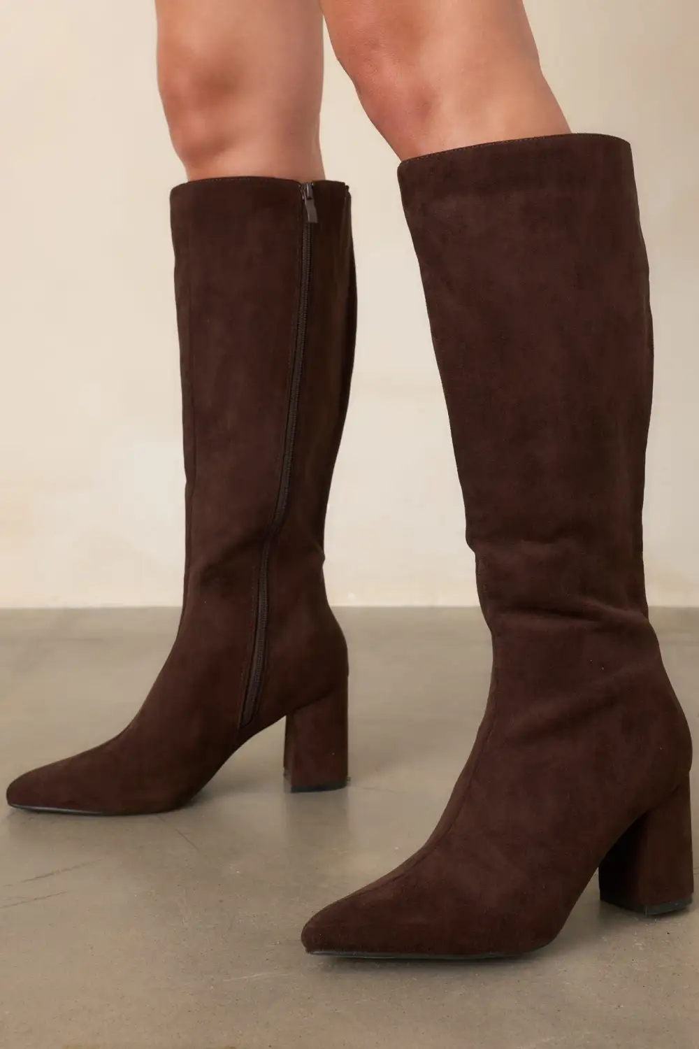 Faux Suede Pointed Toe Block Heel Knee High Boots