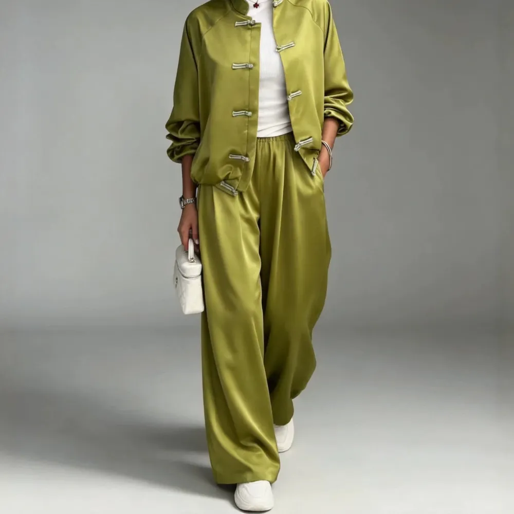 Wide-Leg Drawstring Long-Sleeve Women's Two-Piece Set