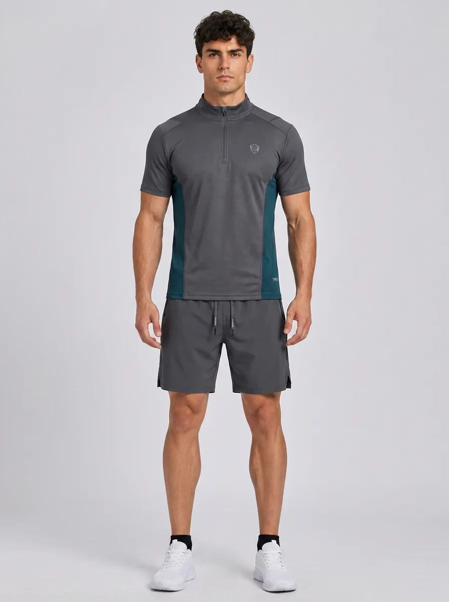 Men's Athletic Half-Zip Contrast Panel Top and Drawstring Shorts Set
