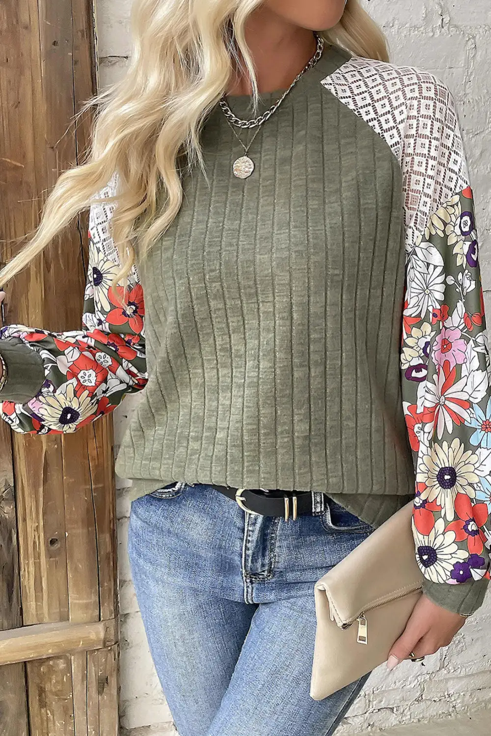 Floral Ribbed Patchwork Blouse